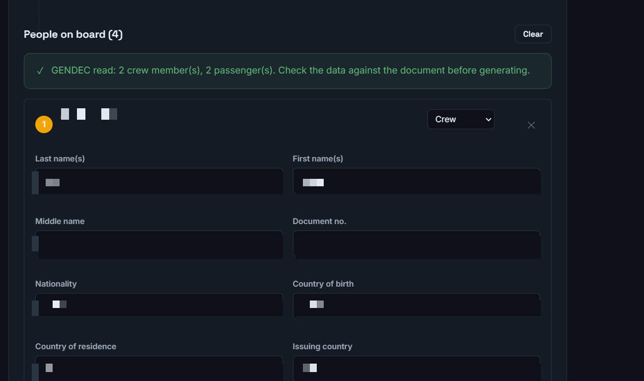 Crew and passenger data read automatically from the GENDEC