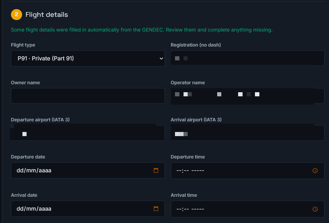 Flight details filled automatically from the GENDEC