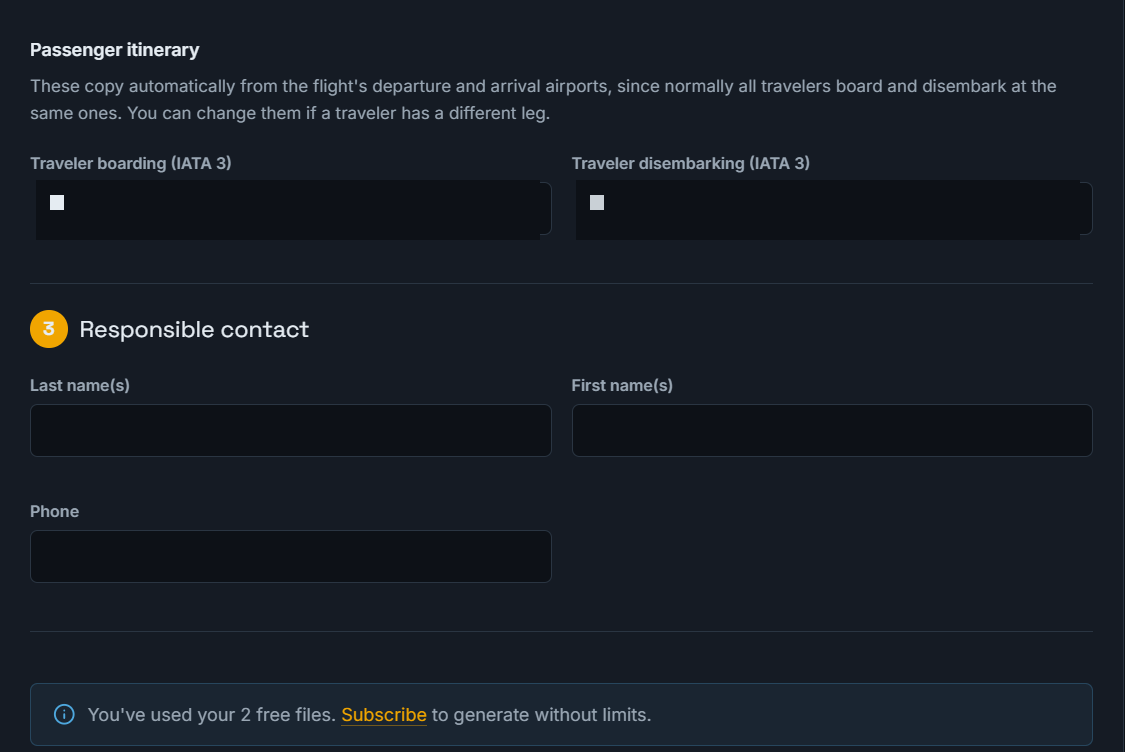 Passenger itinerary and responsible contact
